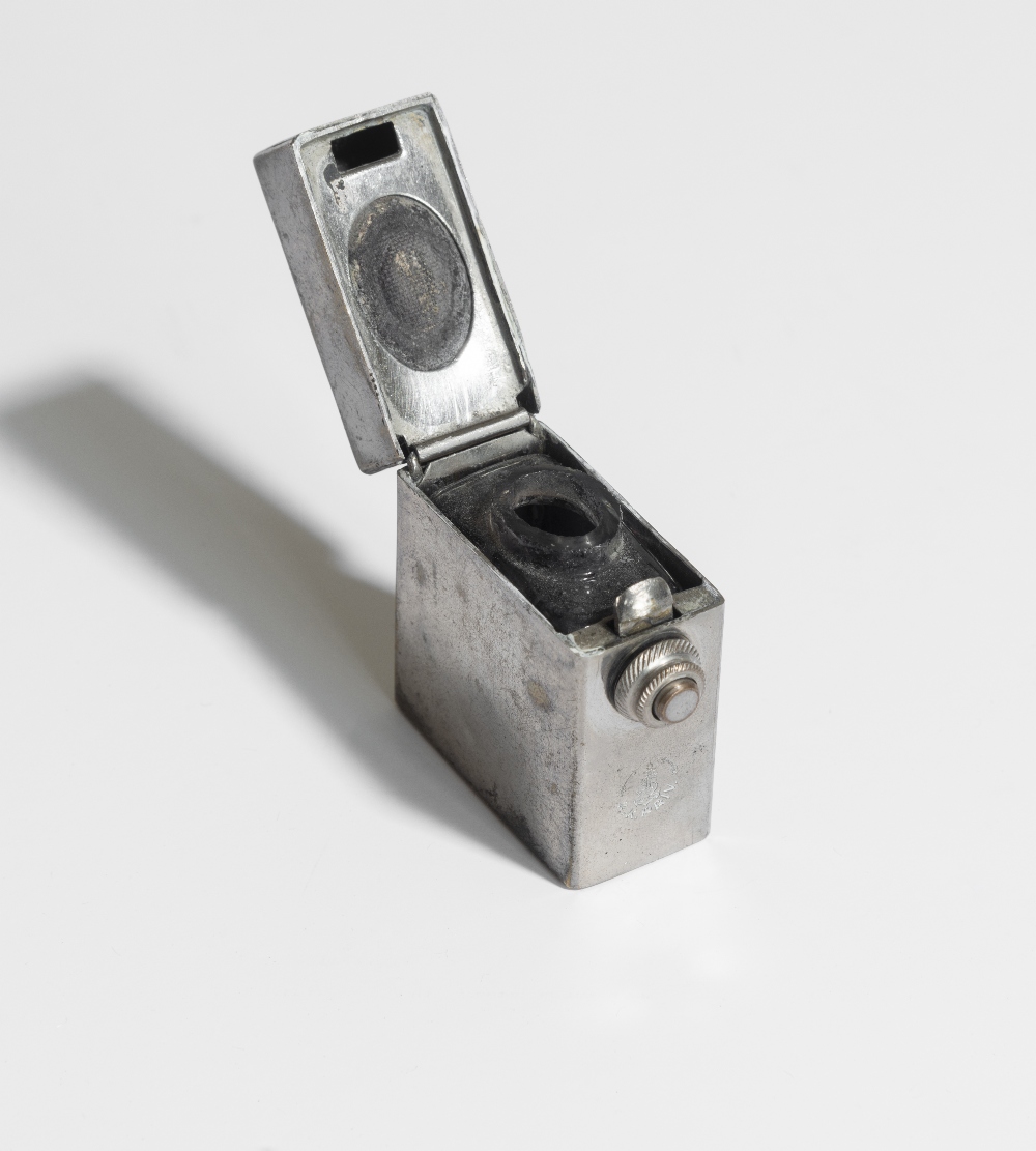 A KK Priv travelling inkwell. A glass inkwell in a hinged metal case with a locking screw opening - Image 2 of 3