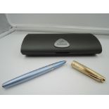 A Parker 100 fountain pen, 2004, Blue Frosted with Gold Cap, fine nib, converter, made in france