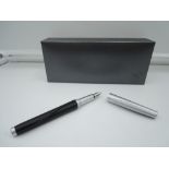 A boxed BMW livery fountain pen, Stainless steel and Leather, medium nib, cartridge, very good