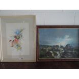 A watercolour unsigned, wild flowers and an Oil on canvas Edwards, coastal townscape