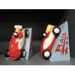 A pair of race car themed book ends