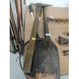 A vintage ice axe, peat spade and 2 badminton raquets