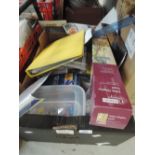 A box of artists materials including easel