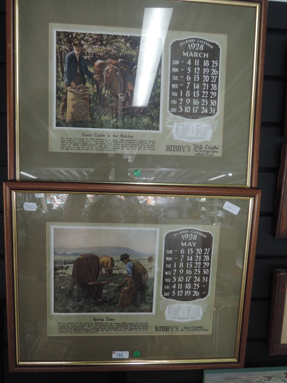 Two framed Bibby calendar prints March and May dated 1928
