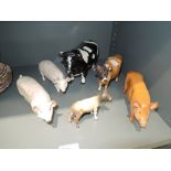 Five Beswick studies, Jersey Calf 1249D, Friesian Bull (af), Jersey Cow (af), Sow (af) & Boar (af)