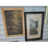 A photographic print, coastal town or village street and a 19th Century oil on canvas, unsigned