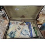 A vintage small travel case containing various motorcycling ephemera including Motor Cycling First