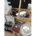 A wicker basket, plated wares etc