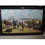 A modern (2010) oil painting , Gilly Walton, Robert Stephenson and Rocket at Port Carlisle,