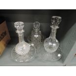 Three vintage glass decanters and other glass ware