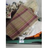 A mixed box of fabric, various sizes and styles including Sanderson and similar quality fabrics.