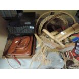 A selection of treen wooden items including wind chime also tape cassette boxes and similar