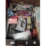 A box of jewellery boxes, jewellery maker's pliers, scissors, stationary etc
