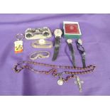 A small selection of wrist watches including Ingersoll and Rotary, a cased set of rosary beads and a