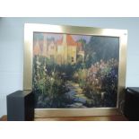 A modern print in gilt frame, Garden walk at sunset