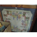 A needle work table cover depicting summer garden