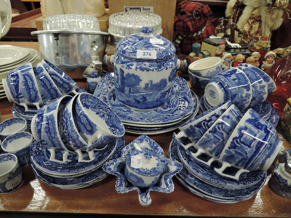 A selection of blue and white wears by Copeland Spode including tea cups and saucer sets