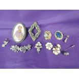 A small selection of costume jewellery including enamelled brooches, diamante earrings etc