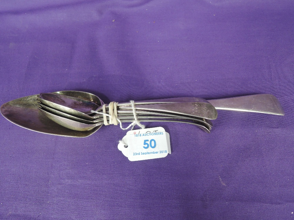 A set of six Georgian silver teaspoons of hanoverian style bearing monogram to terminals and a