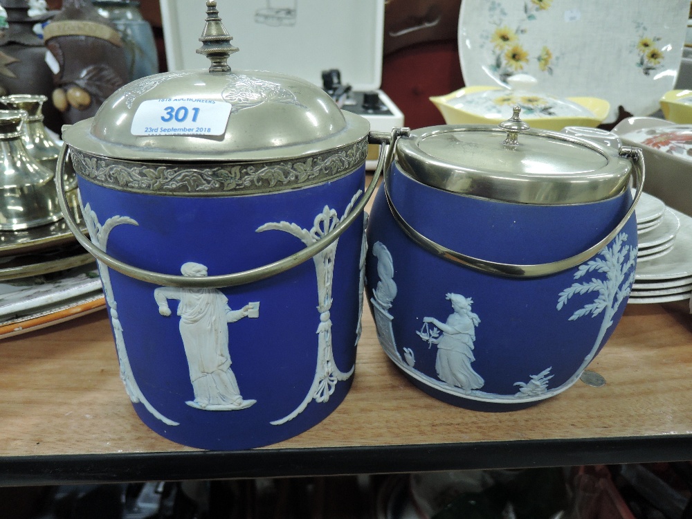 Two jasper ware biscuit barrels