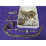 A box of yellow metal jewellery including watches, chains, earings etc