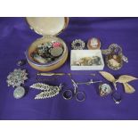 A box of costume jewellery including brooches and earrings etc