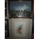 A watercolour unsigned, wild flowers and an Oil on canvas Edwards, coastal townscape