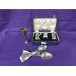 A small selection of silver plate including bud vase, desert spoons and a cased cruet set