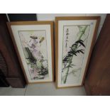 A pair of Oriental watercolours in glass frame, with signature stamps