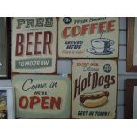 A selection of printed cafe and American diner signs on canvas