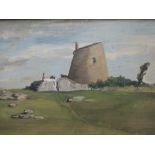 An oil painting on board, of windmills, 12in x 18in