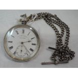 A white metal key wound pocket watch stamped 935 having a Roman numeral dial with subsidiary seconds