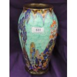 A Crown Devon bulbous vase having gilt heightened Mattajade Fairy Castle pattern, numbered 2406