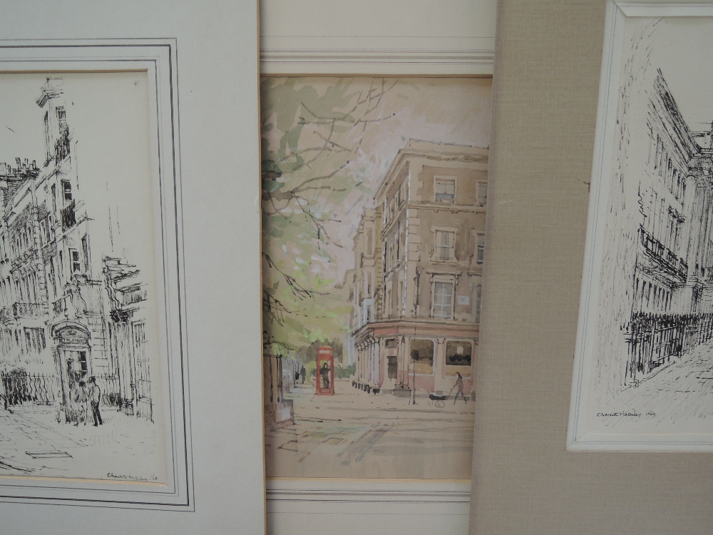 A watercolour, Charlotte Halliday, Abbey Road Corner, signed and dated, 10in x 8.5in, and two pen
