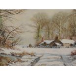 An oil painting, Gordon Linsay, Farmstead in snow, signed, 19in x 29in