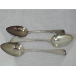 Three Georgian silver table spoons of hanoverian form bearing monogram J to terminals, London 1814/