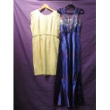 Two vintage dresses, one late 1940s gown having some fade and wear with sequin detail to bodice, the