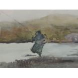 A watercolour, Lake fisherman, 6in x 13in, a watercolour, still life, 11in x 9in and a portfolio