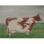 An oil painting, Mrs Johnson's Cow, 8.5in x 12.5in and two similar pictures