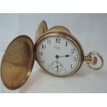 A 9ct gold hunter top wound Walthams pocket watch no: 25789825 having Roman numeral dial with