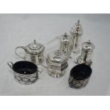 Seven HM silver cruet pieces including salts, mustards and pepperettes including two pairs