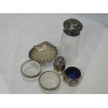 A selection of HM silver including two cut glass salts with silver rims, glass sugar caster with