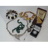 A small selection of costume jewellery including Geologist society HM silver brooch, 1980 pendant