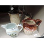 Two Victorian pottery corn jugs, a 19th century stoneware ale jug and a 19th century Prattware jug