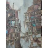 An oil painting, Trevor Lawrence, Eastern townscape apartments, signed, 21in x 15in