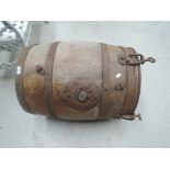 A vintage oak barrel 'Victoria' churn by Waider, having metal strapwork