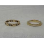 Two 9ct gold band rings of shaped form, one having cubic zirconia inserts, size J