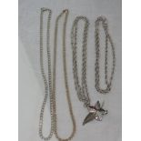 Four silver chains including rope and flat curb and an HM silver leaf brooch