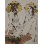 An oil painting, Bernard Dufor, Girls with yellow hats, signed, 18in x 13in