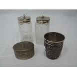 A small selection of HM silver and white metal including a Chinese silver tot glass having